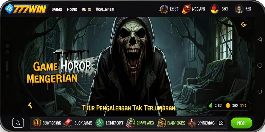 Screenshot gameplay utama 777WIN yang menampilkan suasana horor yang mencekam.