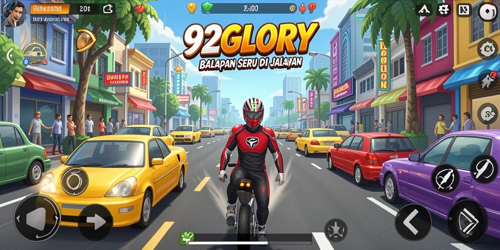 Tampilan gameplay seru di 92GLORY dengan mobil balap melaju kencang.